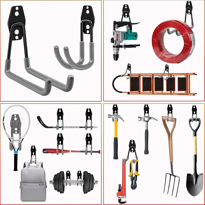 3-H Garage Wall Hooks 10 Pack, Heavy Duty Garage Hooks with Extra Welding Spots, Wall Mount Storage Organizer for Hanging Garden Lawn Tools, Chair, Shovel, Blower, Toolkit (Grey)