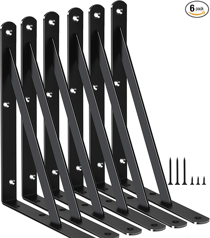 6 Pack L10 x H 8" Black Heavy Duty Shelf Brackets with Screws Metal Shelf Brackets Shelf Support Angle Brackets for Shelves L Brackets Heavy Duty Floating Shelf