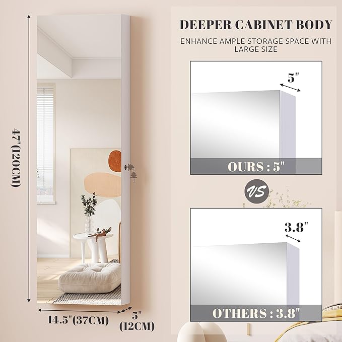 Vlsrka 47.2" LED Jewelry Mirror Cabinet, Wall/Door Mounted Jewelry Armoire Organizer with Full Length Mirror, Large Storage Hanging Cabinet, 4 Drawers, 5 Shelves, Built-in Lighted Mirror (White)