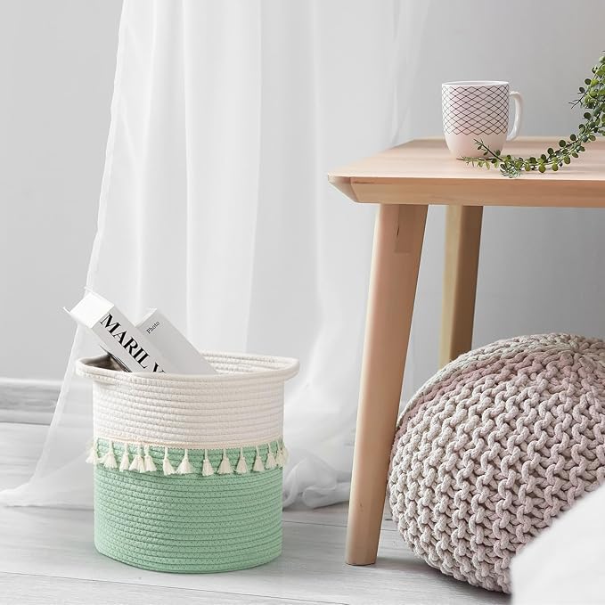 danpinera 11 Inch Woven Baskets for Storage, 3 Storage Baskets for Organizing in Laundry, Living Room, Nursery, Cute Rope Boho Baskets for Shelves, Decorative Storage Basket, Green