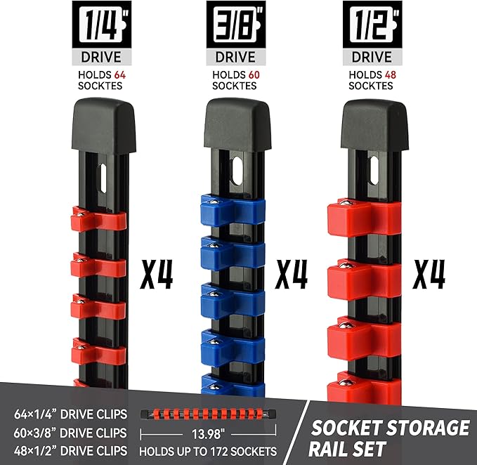 Socket Organizer Drive ABS Tools-Socket Holder, Premium Quality 12 Pieces Socket Holders Kit 1/4-Inch x 64 Clips, 3/8-Inch x 60 Clips, 1/2-Inch x 48 Clips