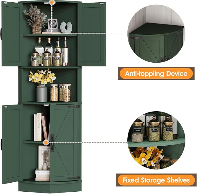 Vabches 64.8" Tall Farmhouse Corner Cabinet with 4 Doors and 5 Storage Shelves, Farmhouse Storage Cabinet with Barn Door Design, Home Space Saver for Living Room, Kitchen, Laundry Room,Green
