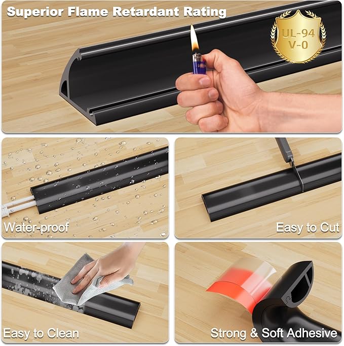 10FT Side-Open Extension Cord Covers for Wires on Floor,Silicone Power Cable Protector Cord Hider Management Strip,Hide Electric Wire on Carpet,Chord Runner Protective Safety Wiremold,Black