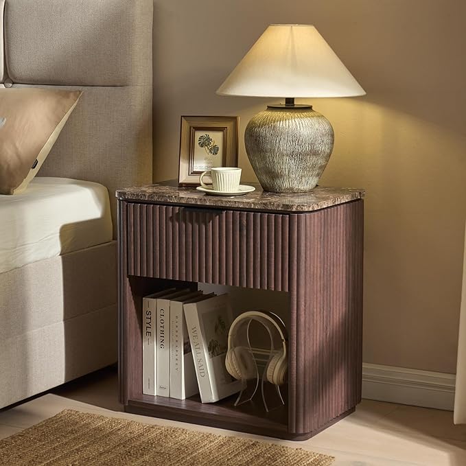 Fluted Nightstand Set of 2, Bedside Table with Faux Marble-Top, Engineered Wood Side Table with Drawer Open Shelf, Curved Corners, Modern Night Stand for Bedroom, Small Spaces, Dark Oak