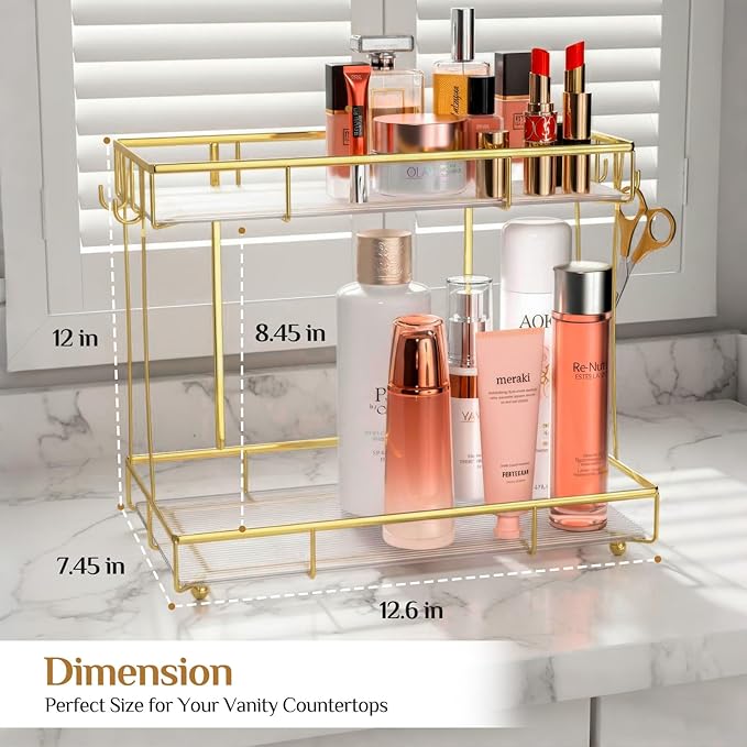 Bathroom Organizer Countertop Perfume Organizer Makeup Organizer Cosmetics Storage Display Rack Vanity Tray Dresser Steel Gold Shelf Transparency Wavy Acrylic Tray (2 Tier Golden)
