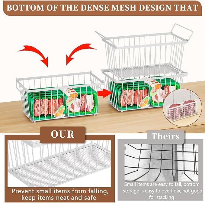 Enhanced Leak-Proof Bottom - Freezer Organizer Bins ，5 Pack Stackable Deep Freezer Organizer Bins for 7 Cu.FT Small Chest Freezer，Easy Get Bottom Foods without Digging