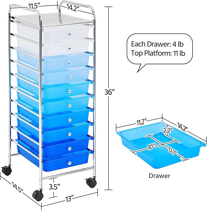 Yaheetech Rolling Cart Organizer Plastic Trolley with 10 Storage Drawers Utility Cart on Wheels Art Craft Organizer Ample Storage Space, Blue Gradient