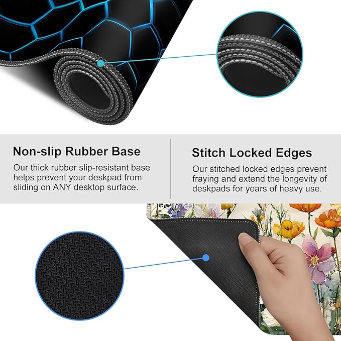 Gaming Mouse Pad – Large Extended Desk Mat35.43 x 15.75 in – Futuristic Black Honeycomb Design with Blue Glow, Non-Slip Base, Waterproof Surface, Keyboard & Mouse Pad for Gaming or Office