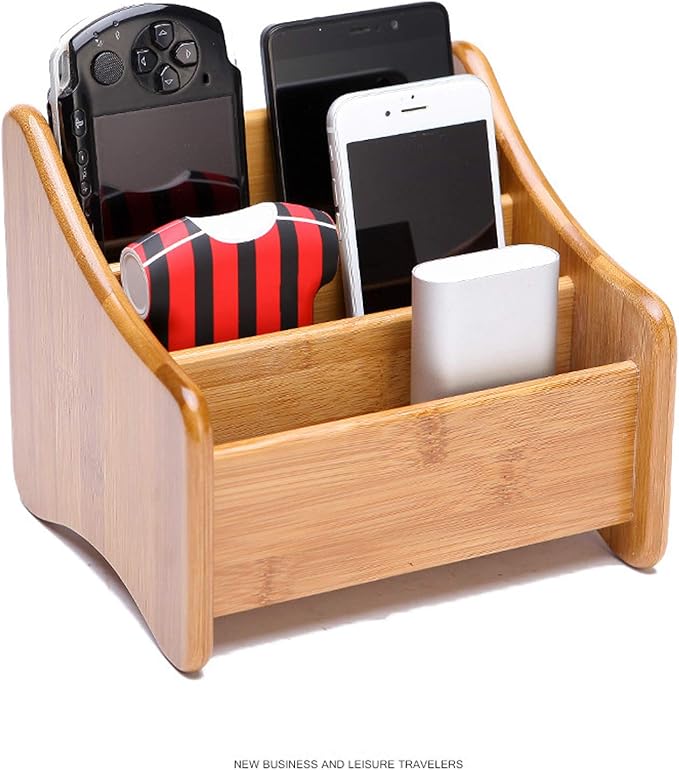 VolksRose Desk Remote Control Holder Multi-Function Coffee Table Office Supplies Storage Organizer, Home Sundries Bamboo Storage Box with 3 Compartments Perfect for Makeup, TV Guide, Pen, Caddy #1