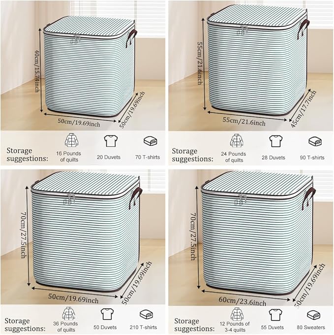 Large Clothes Storage Bins, 4 Pack Foldable Blanket Storage Bags, Storage Containers for with Reinforced Handle and Zippers for Bedroom, Closet, Comforters, Pillows, Toys