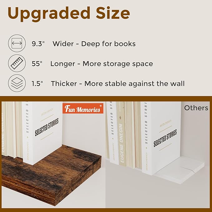 Fun Memories 55Inch Floating Shelves for Wall 1 Pack Shelves for Bedroom|Kitchen|Bathroom Wall Mounted Rustic Wood Floating Shelf with Invisible Brackets for Books|Storage|Decor, Rustic Brown