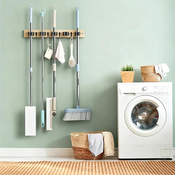 Mop and Broom Holder Wall Mount - Bamboo Broom Mop Hanger - Wall Mounted Garden Tool Rack Organizer for Closet Garage Laundry Room Kitchen Decor With 5 Slots & 4 Hooks