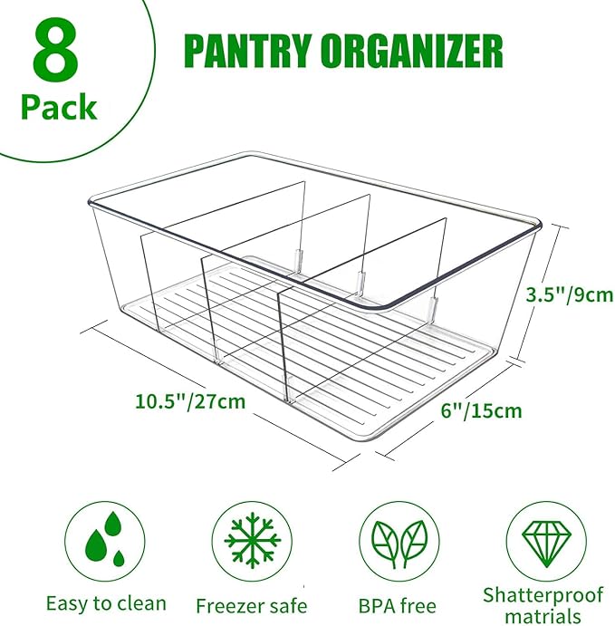 8 Pack Pantry Organizers and Storage,Snack Containers with 3 Dividers for Kitchen,Fridge,Refrigerator Organization and Storage,Clear Plastic Organizer Bins for Spice,Tea bag,Seasoning