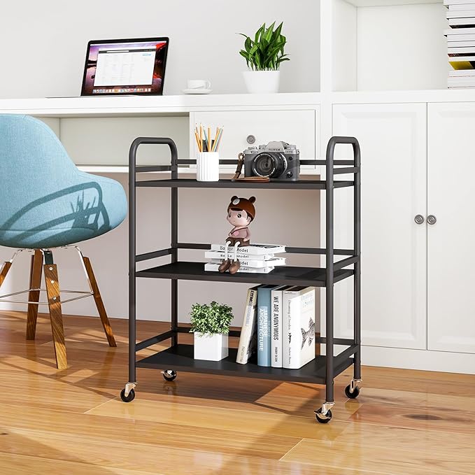 HDANI 3 Tier Metal Utility Multipurpose Rolling Cart,Large Capacity Heavy Duty Cart with Lockable Wheels Rolling Cart with 2 Lockable Wheels for Home,Office,Kitchen,Bathroom,Bedroom(Black)