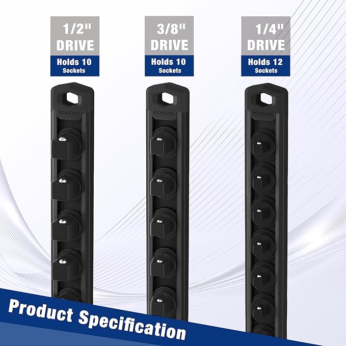 WORKPRO Magnetic Socket Organizer, 1/4-Inch Drive Aluminum Alloy Socket Rail, Heavy Duty Socket Holder, Socket Rack Kit 1/4-Inch x 12 Clips Black (Socket not Included)