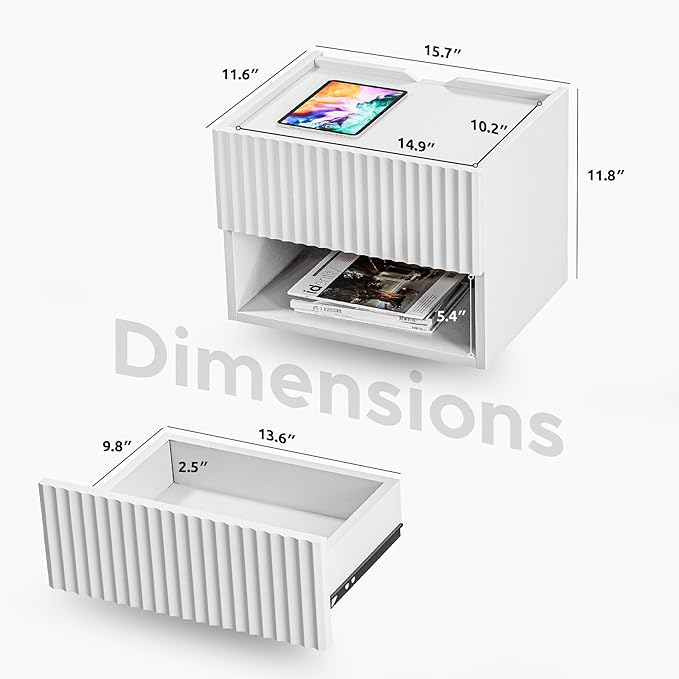 Floating Nightstand Bedroom Bedside Table - Wood Night Stand Set 2 for Small Spaces, Wall Mounted Cabinet with Storage Drawer, White Modern Night Stand for Dorm Hallway Entryway