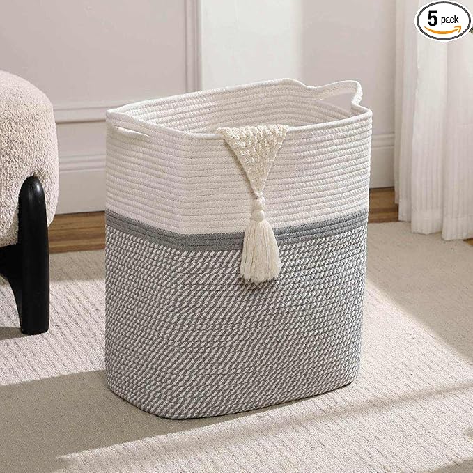 Tall Laundry Basket With Handles,Woven Cotton Rope Big Laundry Hamper Sorters,Versatile Storage for Dirty Clothes,Baby Toys,and Blankets in Bathroom, Nursery,and Living Room (White/Gray, 68L)