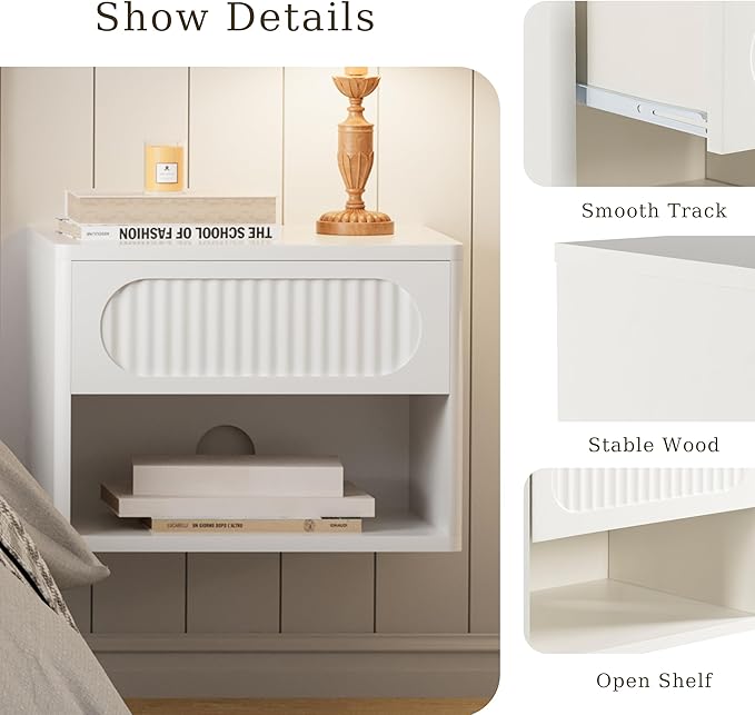 Floating Nightstands with Drawer Set of 2, Modern Wall Mounted Bedside Tables for Bedroom, Space Saving Storage Cabinets, Easy Install Hanging Shelf Night Stands for Small Spaces (White)