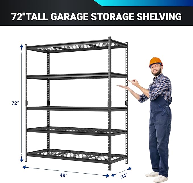 FLEXIMOUNTS Garage Shelving, Heavy Duty Shelving 2000 lbs, 5-Tier Garage Storage Shelves,Industrial Shelves for Heavy Tools and Equipment, 48" W x 24" D x 72" H