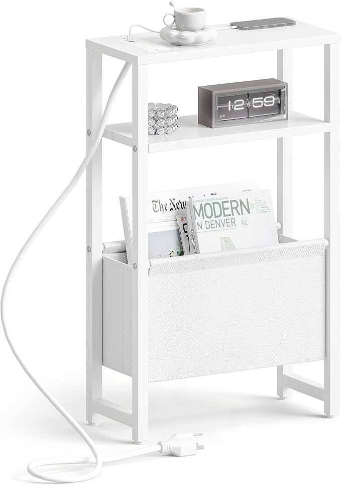 Narrow Side Table with Charging Station Slim End Table Sofa with Magazine Rack, Bedside Table for Small Spaces, 3 Tier Nightstand for Living Room Couch, Bedroom White LET503WE