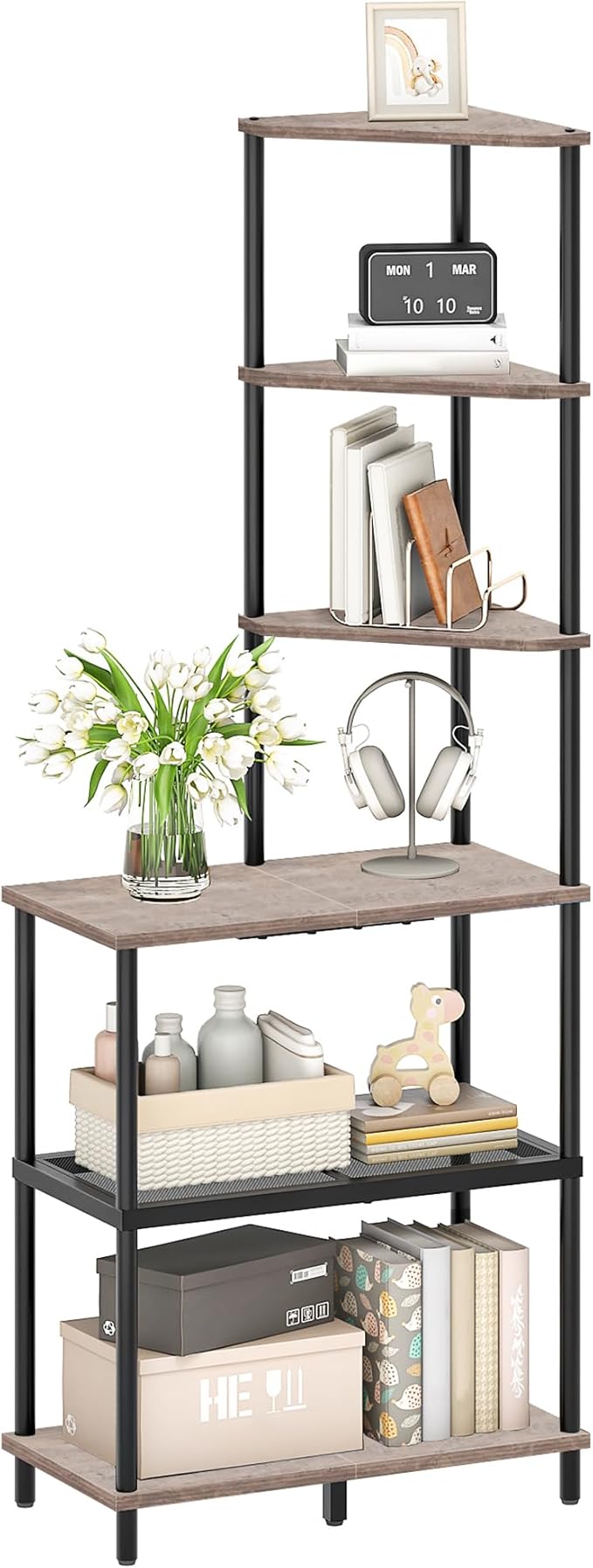 6-Tier Corner Shelf, Industrial Corner Bookshelf with Desk Top, Diamond-Shaped Storage Shelves, Display Stand for Small Spaces, Living Room, Home Office, Foyer, Greige and Black TCJ70BG