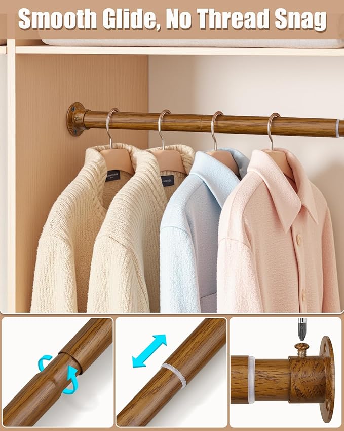 Closet Rods for Hanging Clothes, 17-52 Inch Heavy Duty and Stepless Adjustable Closet Poles, Stainless Steel Closet Hanging Rod for Wardrobes, Laundry Room, Bathroom, RV (Wood-Grain Finish)