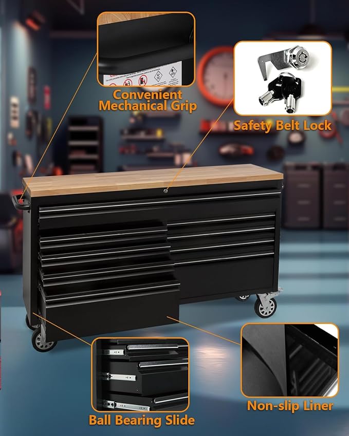 61 Inch Tool Chest, Tool Box Mobile Workbench, 9 Drawers Storage Lockable Rolling Metal Storage Cabinet with 4 Wheels for Garage Workshops Warehouse, Black