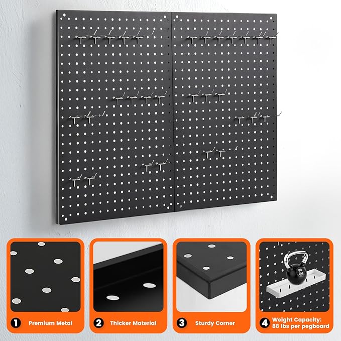 Pegboard, 2 PCS 24"×16" Metal Peg Board Panels Black Modular Wall Organizer Kit with 30 Hooks, Dual-Size Hole Design for Home Tool Storage, Garage Organization, Kitchen, Office, Craft Room