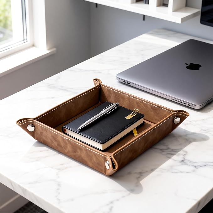 siduater Valet Tray Desktop Storage Organizer – Vegan Leather Catchall Bedside Vanity Tray Nightstand Caddy Holder for Remote Controller, Watch, Keys, Phone, Wallet, Coin, Jewelry, Stone Gray