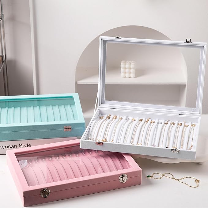 Frebeauty 15 Hooks Necklace Tray,Neckalce Organizer with Clear Lid,Velvet Necklace Holder Box,Jewelry Organizer for Pendants Chains,13.8x9.5x2 inches Necklace Jeweley Tray for Women(White)
