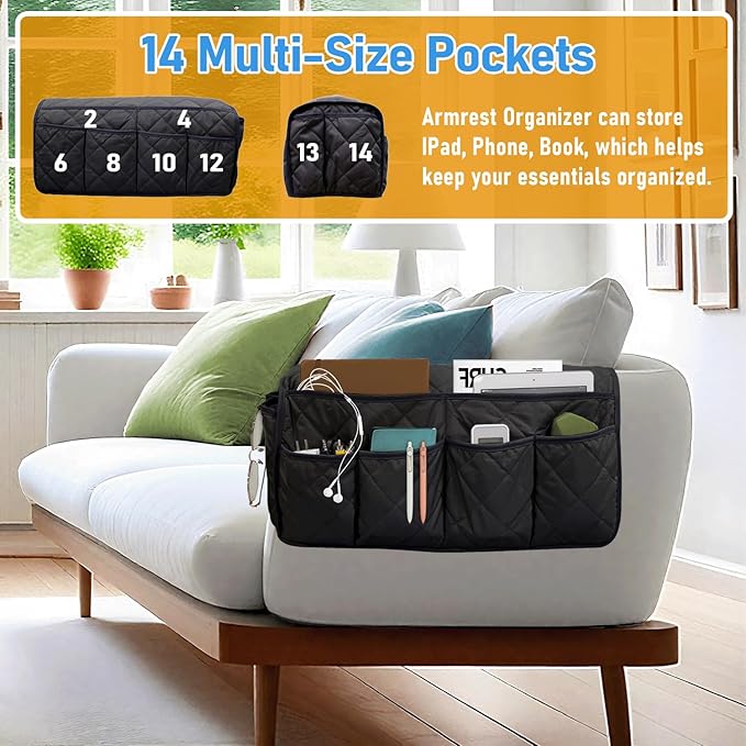 Armchair Caddy, Sofa Armrest Organizer, Non Slip Remote Control Holder for Recliners, Recliner Arm Caddy with 14 Pockets Storage for TV Remote, Phone, Magazine (Black)