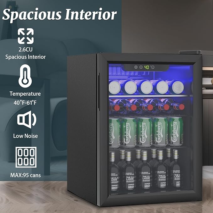 2.6 Cu.ft Beverage Refrigerator Cooler, 95 Can Mini Fridge with Glass Reversible Door, Digital Temperature Display for Soda, Beer or Wine For Office or Bar with Adjustable Removable Shelves