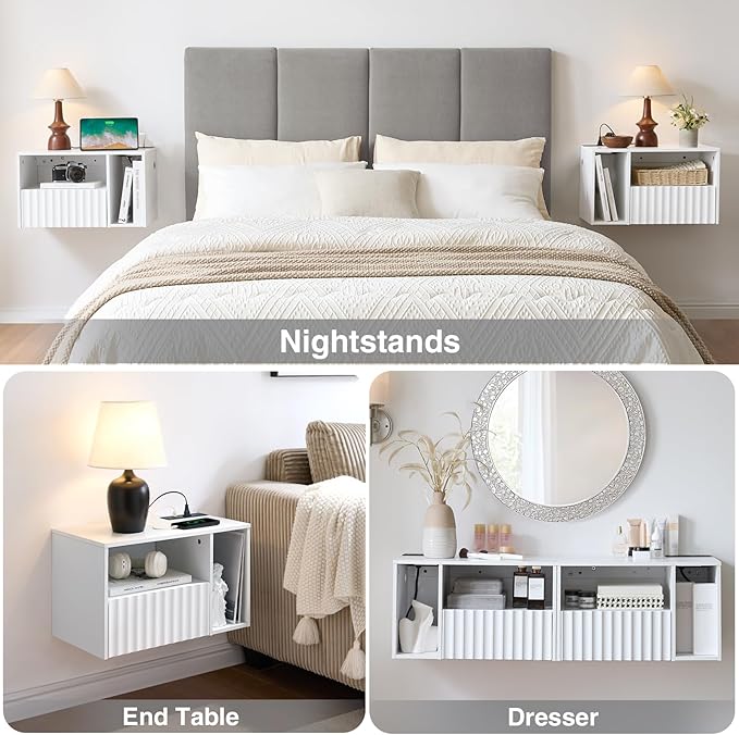 Modern Matte White Fluted Floating Nightstand with Charging Station, NightStand with Drawers, Bedside with USB Ports and Outlets, Bedroom Furniture (Right)