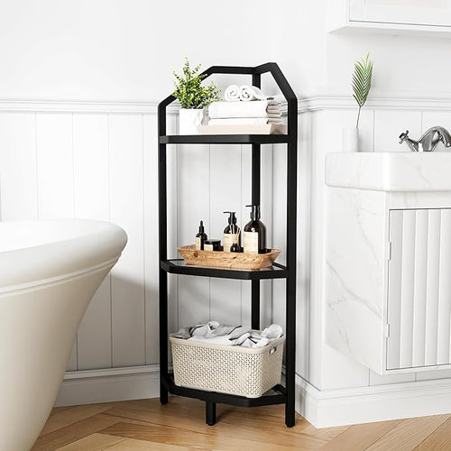 3-Tier Corner Shelf Stand, Black Corner Bookshelf, Bathroom Storage Rack Shelf, Plant Rack, Tempered Glass, Steel Frame, Modern Style for Living Room, Bathroom, Kitchen, Metallic Black
