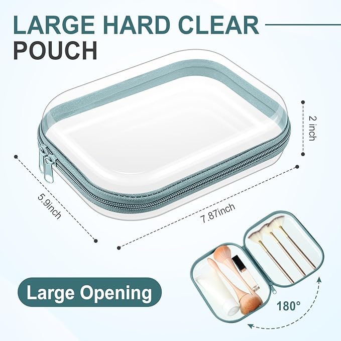 Sanwuta 6 Pcs Clear Hard Zipper Case Hard Plastic Zipper Pouches Transparent Makeup Bag Pencil Pouches for Travel Snacks Christmas Trinket Storage Organizer Box(Blue-green,7.87 x 5.9 x 2 Inch)