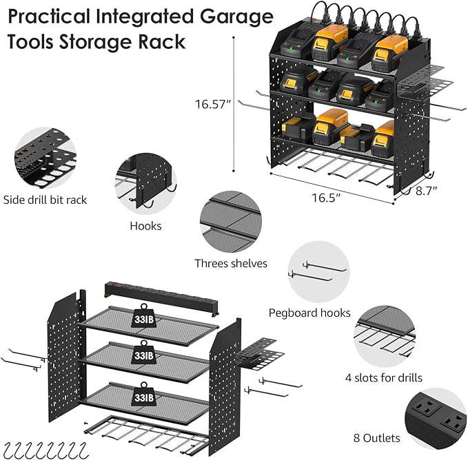 CCCEI Modular Pegboard Rack Power Tool Organizer with Charging Station. 4 Layer Wall Mount Drill Holder, Tool Battery Charger Organizer. Garage Shop Storage Utility Shelf with 10FT Power Strip.