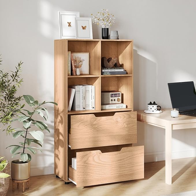 GOFLAME 4-Tier Bookcase with 2 Drawers, 51” Tall Bookshelf with 4-Cube Open Shelf, Wood, Modern, Freestanding Display Storage Organizer Shelf for Living Room, Home Office (1,Natural)