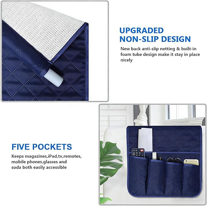 Sofa Armrest Organizer Non-Slip Arm Chair Bedside Caddy Storage Organizer for Recliner Couch with 5 Pockets for Cell Phone TV Remote Control Magazines (BLUE)