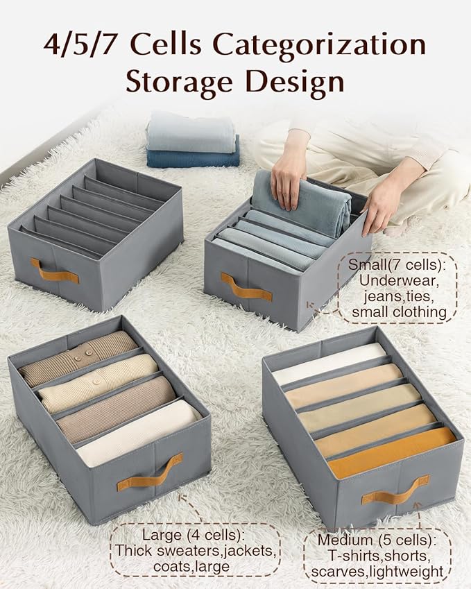 Clothes Organizers and Storage - 4/5/7 Grids Fabric Jeans Organizer with Handles, Foldable Closet Organizers Dividers, Wardrobe organizer for Pant, Sweater, T-shirt, Scarf, 3 Pack, Pale Grey