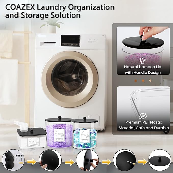 3 Pack Laundry Powder Container & Dryer Sheet Holder, Plastic Laundry Room Organization and Storage Jars with Lids, Labels & Scoops for Powder, Detergent, Scent Booster (Black Lid)