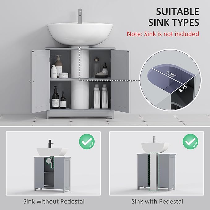 kleankin 23.5" Pedestal Sink Storage Cabinet, Freestanding Bathroom Under Sink Cabinet with U-Shape Cut-Out and Adjustable Shelf, Gray