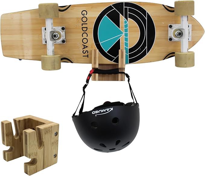 COR Surf Skateboard and Snowboard Wall Mount | Bamboo Skateboard Rack with Extra Storage Hook for Helmet or Bag