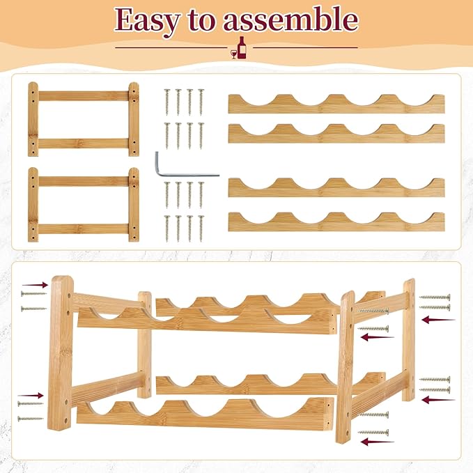 2 Pack Wine Racks, 2-Tire Bamboo Wine Rack, Wine Rack for Inside Cabinet 16 Bottles Wine Storage Holder Liquor Bottle Display Shelf Suitable for Bar,Home,Kitchen,Cellar Basement,Restaurant
