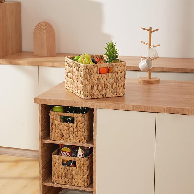 ELONG HOME Wicker Storage Basket, 3 Pack Hand-Knitted Wicker Baskets, Water Hyacinth Storage Baskets with Built-in Handles