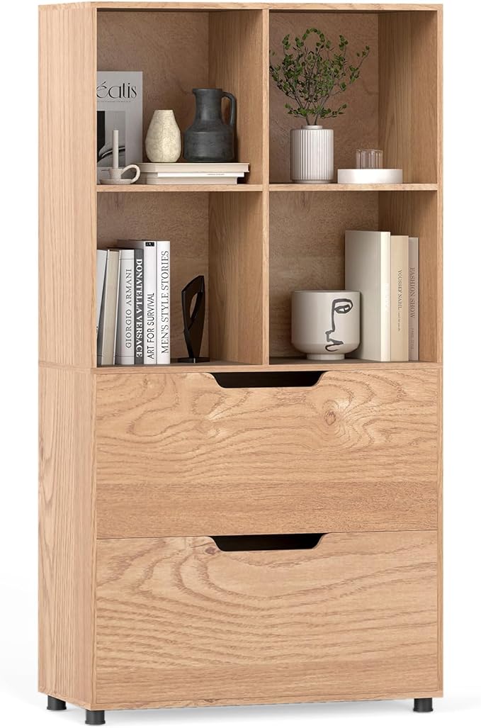 GOFLAME 4-Tier Bookcase with 2 Drawers, 51” Tall Bookshelf with 4-Cube Open Shelf, Wood, Modern, Freestanding Display Storage Organizer Shelf for Living Room, Home Office (1,Natural)