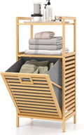 GOFLAME Tilt-out Laundry Hamper with 2-Tier Shelves, Bamboo Laundry Baskets Organizer with Removable & Foldable Fabric Liner, Bathroom Storage Shelf Cabinet for Laundry Room, Bedroom