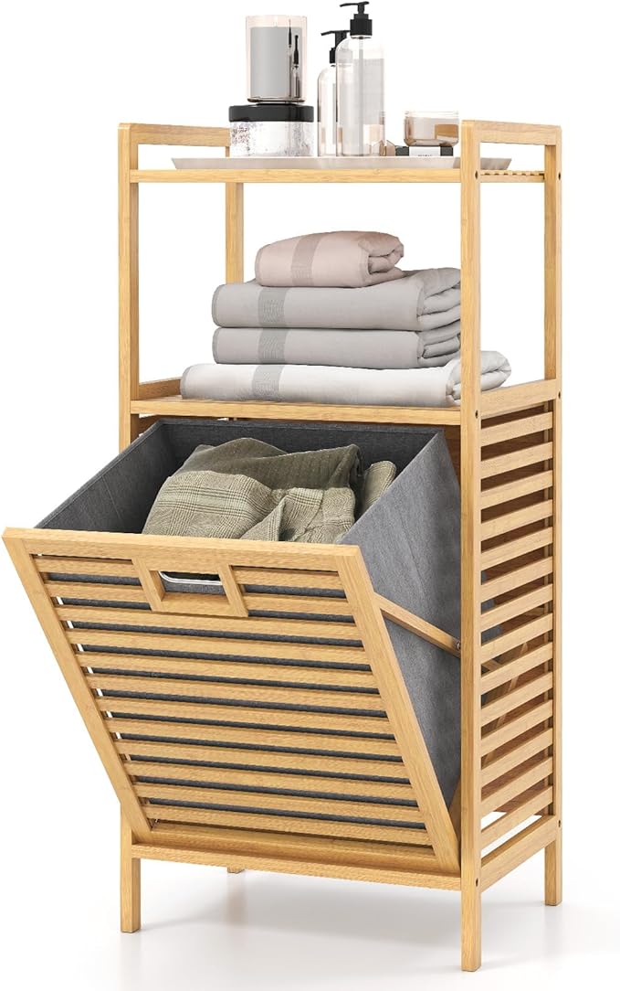 GOFLAME Tilt-out Laundry Hamper with 2-Tier Shelves, Bamboo Laundry Baskets Organizer with Removable & Foldable Fabric Liner, Bathroom Storage Shelf Cabinet for Laundry Room, Bedroom