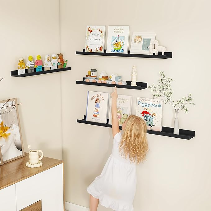 Fun Memories Picture Ledge Shelf, Black Floating Shelves Set of 4, 36 Inch Picture Shelves for Wall with Ledge, Large Nursery Book Shelf for Toys Storage, Living Room, Bedroom Decor Frames