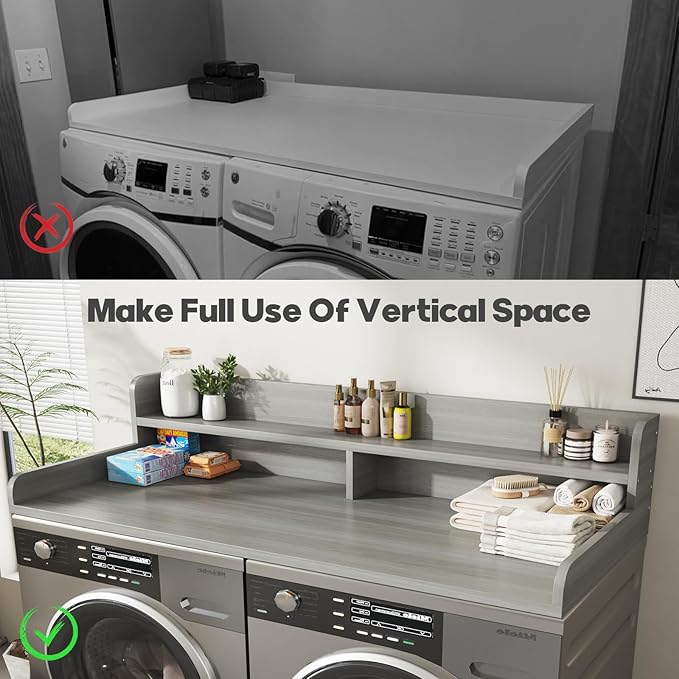 2-Tier Washer and Dryer Countertop with 2.75" H Guard,58" W x 28" D Laundry Countertop Cover with Non-Slip Pad,Large Space Laundry Topper for Folding Clothes Over Washer and Dryer-Stripe Gray