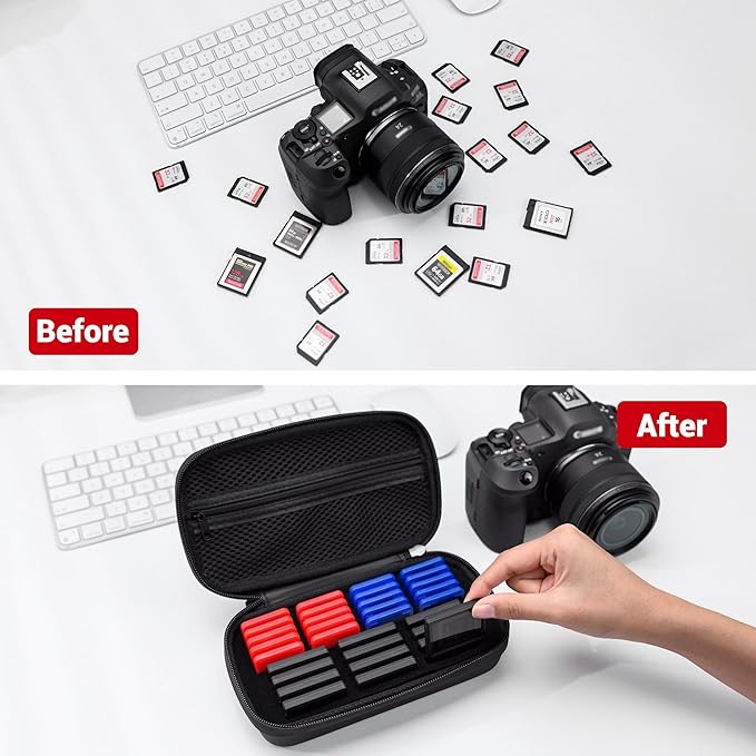 EVA PU CFexpress Type B Card Case with 32 PCS Individual Plastic Memory Card Holder for 12 XQD/CFexpress Type-B Cards & 20 SD SDXC SDHC Cards,Water-Resistant Anti-Shock CFexpress SD Card Case Storage
